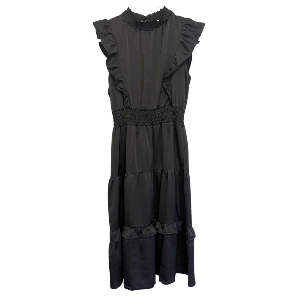 2/$30 Monteau Los Angelos - Black Ruffle High Neck Sleeveless Tiered Midi Dress
